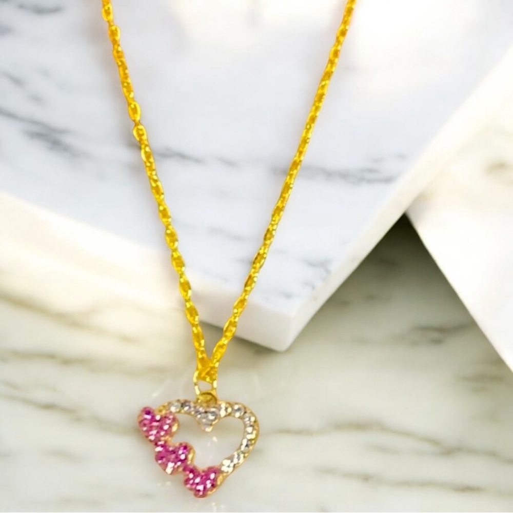 Heart Pink & Clear Crystal & Gold Plated Necklace Hearts, Love, & Valentine - Picture 2 of 3